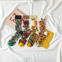 Women Socks Novelty Harajuku Product Crystal Silk Tide Funny Sunflowers Vines Flowers Happy Casual High Quality Sox