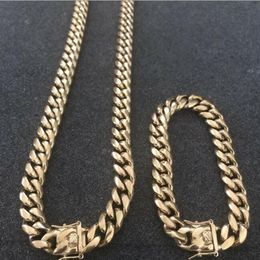 12mm Men Cuban Miami Link Bracelet & Chain Set 14k Gold Plated Stainless Steel223n