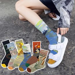 Women Socks Fashion Men Crew Novelty Creative Happy Personality Oil Painting Style Breathable Cotton Unisex Skateboard