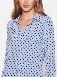 Women's Blouses Women Blue Dot Printed Shirt Silk Turn-down Collar One Pocket Early Autumn Long Sleeve Ladies Blouse