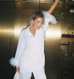 Women's Sleepwear Elegant Pearl White/Black Viscose Satin Feather Pyjama Set Classic Cosy Chic Long Sleeves Blouse/Bottom Loungewear