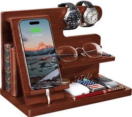 Gifts for Men Wood Phone Docking Station Gifts for him Husband Nightstand Organizer Cell Phone Stand Watch Holder Wallet Station Desk Key Holder