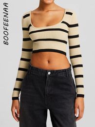 Women's T Shirts BOOFEENAA Striped Fitted Long Sleeve Top Women Clothes Fall Winter Knitwears Cropped Sweater Pullover Woman C66-CB14