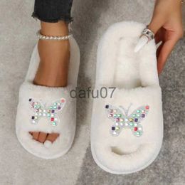 Slippers Women Luxury Bright Rhinestones Shine Fur Slippers Fashion Butterfly Decor Design Winter Home Leisure Elegant Flat Shoes x1011