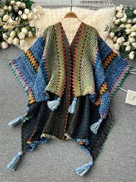 Women's Knits SINGREINY Bohemian Loose Cardigan Bat Cloak Tassel Design Print Fashion Knitted 2023 Autumn Retro Tour Irregular Oversize Coat