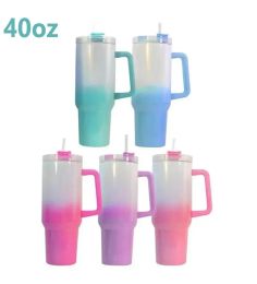 40oz Sublimation Ombre Glitter Tumbler with Handle Stainless Steel big capacity Gradient Colour Beer Mug Insulated Travel Mug Rainbow Shimmer Tumbler I0831 JJ 10.11