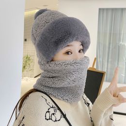 Windproof and warm ladies in winter plus velvet padded designer hats outdoor riding windproof hooded snow mask scarf one-piece beanie hat and scarf