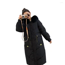 Women's Down 2023 Fashion Black White Zipper Button Long Coat Cotton Padded Hooded Pockets Loose Warm Winter Women Jackets With Fur T508