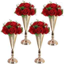 Party Decoration 4Pcs Flowered Metal Trumpet Vase Wedding Centrepieces Tall Flower Table Gold Vases For Birthday Ceremony Event