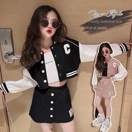 Clothing Sets Girls Skirts Suits Autumn Loungewear Kids Baseball Uniform JacketShort Skirt 2Pcs Outfits Korean Style Jk Children Clothes 231010