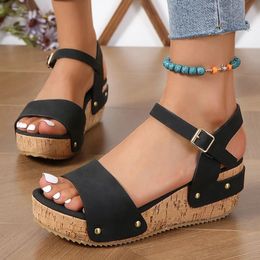 Slippers Vintage Wedge Heel Sandals for Women 2023 Ankle Strap Thick Sole Platform Woman Summer Buckle Roman Shoes Large Size 42 231010