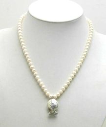 Pendant Necklaces Qingmos Natural 6-7mm Round Freshater White Pearl Necklace With Tibetan Silver Fish 17" Chokers Jewelry Nec5402