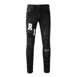 Men's Jeans High Street Embroidered Letter Patches Distressed Ripped Holes Slim Fit Stretchy Skinny Pants