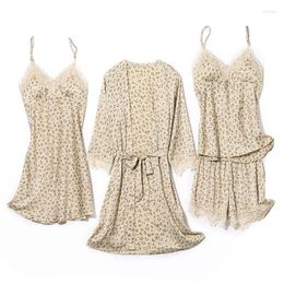 Home Clothing Pyjamas Sets Women 4PCS Robe Suit Satin Nightwear Sexy Sleepwear Leopard Kimono Gown Silky Loungewear Lace Pijamas Bathrobe