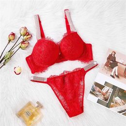 Sexy Women Lace Bra Set VS Rhinestone Letters Two-piece Intimate Diamond Push-up Elegant Ladies Q0705308A