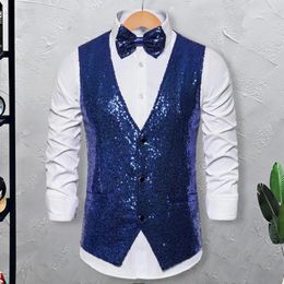 Men's Vests Men Sequin Vest Stage Performance Compere Emcee Waistcoat Slim Fit V Neck Sleeveless Single-breasted Shiny With Bow-knot