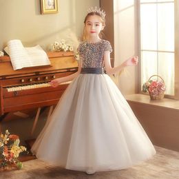 Shiny Ball Gown Flower Girls Dresses For Weddings Blingbling Short Sleeve Appliqued Boho Kids First Communion Dress Birthday Party Piano Vintage Pageant Gowns