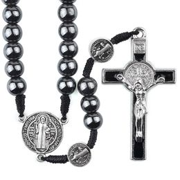 Chokers St Benedict Cording Rosary 8mm Hematite Beads Religious Cross Necklace Catholic Black Woven Rosaries 231010