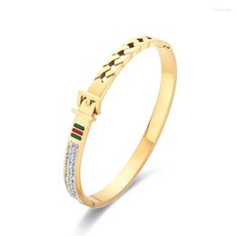 Bangle Retro Style Belt Design Stainless Steel Bracelets Red And Green Cuff Bangles For Women Inlaid Zircon Jewellery Wedding Gift