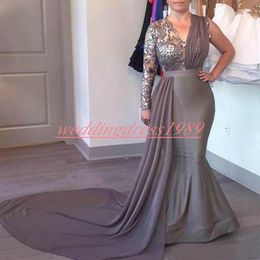 Trendy Mermaid Arabic Evening Dresses Gowns Sheer Sexy One Shoulder Long Sleeve Chiffon Applique Prom Formal Occasion Party Wear P258H