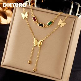 Chokers DIEYURO 316L Stainless Steel Colourful Zircon Butterfly Long Pendant Necklace For Women Fashion Girls Clavicle Chain Jewellery Gift 231011