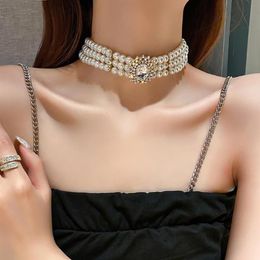 Chokers Trendy Short Neckwear Multi-row Goth Pearl Necklace For Women Crystal Inlaid Rhinestones Chocker Fashion Jewellery Girl Gift242R