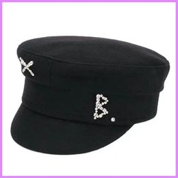 Luxury Designer Rhinestone Embroidered Wool Tweed Autumn Winter Navy Hats Girl Bailey Flat Top Cap Women Mens Caps Casquette D2112272E