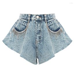 Women's Jeans Light Blue Denim Shorts Wide Leg Ruffle Summer Rhinestones Decor