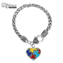 Charm Bracelets My Shape Enamel Autism Awareness Puzzle Piece Heart Lobster Claw Trendy Bracelet & Bangles Man And Woman1215a