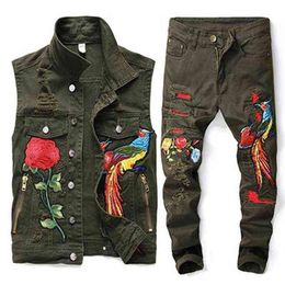 European Style Men's Army Green Loose Set Hip Hop 2 Pieces Embroidered Phoenix Flower Men Clothes Hole Ripped Denim Vests Pan251k