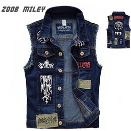 Classic Vintage Men's Jeans Vest Sleeveless Jackets Fashion Patch Designs Punk Rock Style Ripped Cowboy Frayed Denim Vest Tan2375