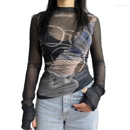 Women's T Shirts See Through Tshirts Tops Graphics Print Long Sleeve Sexy Sheer Mesh Top Drop