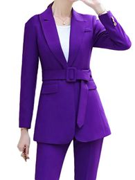 Women's Suits Blazers Purple Long Women Blazer and Pants 2 Pcs Set Two Piece Suit with Waist Belt Autumn Office Black Coat Sashes Business S-4XL 231011