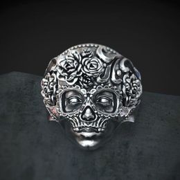 Unique 316L Stainless Steel Heavy Sugar Skull Ring Mens Mandala Flower Santa Muerte Biker Jewelry Size 7 - 14252L
