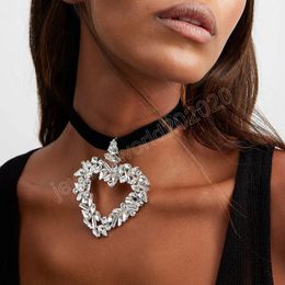 Large Crystal Heart Pendants Necklace for Women Trendy Black Wide Cloth Strip Big Choker Collar Neck Accessories Fashion Jewellery