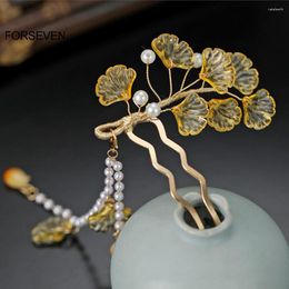 Hair Clips Yellow Leaf Sticks Forks Pearls Pendant Pins And For Women Girls Chinese Fashion Styling Jewellery