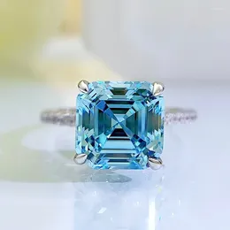 Cluster Rings Spring Qiaoer 925 Sterling Silver 9MM Asscher Cut Lab Sapphire High Carbon Diamonds Gemstone Wedding Ring Fine Jewellery