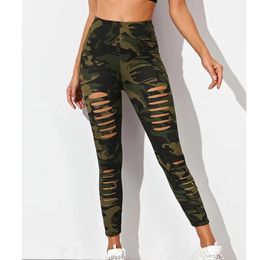 Fashion High Waist Trousers Camouflage Leggings Women Ripped Elastic Tight Workout Fitness Running Gym Pants Push Up Leggins