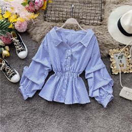 Women's T Shirts Spring Autumn Striped Shirt Women Turn-down Collar Single Breasted Lantern Sleeve Blouse Casual Fashion Pleated Tops