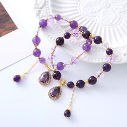 Necklace Earrings Set Natural Amethyst Bracelet Women's Zirconia Love Pendant Beads Vintage Strand Bracelets Sister Student Festival Jewelry