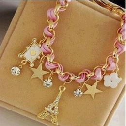 Leather Bracelets New arrival fashion stars flowers poker leather cord tassels Paris Eiffel Tower crown charm bracelet jewelry pin298S