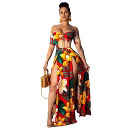 Printed Summer Beach Maxi Dress Strapless Off Shoulder Sexy High Slit Sundress Womens Robe Hollow Out Long Dresses244j