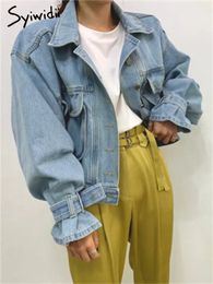 Women's Jackets Syiwidii Denim Jacket for Women Loose Single Breasted Turn Down Collar Puff Sleeve Jacket Vintage Korean Fashion Crop Coat 231010
