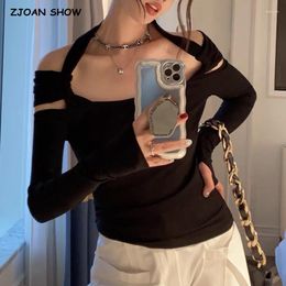 Women's T Shirts 2023 Women Halter U Collar Hollow Out Off Shoulder Full Sleeve T-shirt Low Back Backless Slim Tee Cropped Tops Black 5