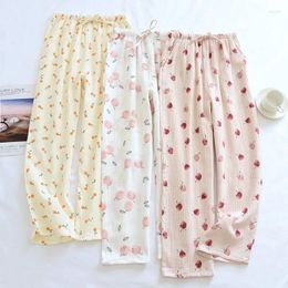 Women's Sleepwear Women Cotton Gauze Autumn Pants Print Strawberry 2023 Loungewear Long Pyjamas Loose