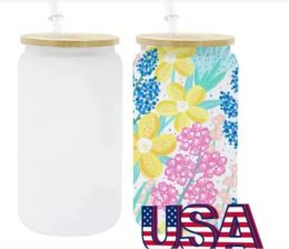 USA CA Warehouse Sublimation 16oz Glass Tumbler Clear Frosted Beer Can with Lids and Straws 50pcs A Case 4.23