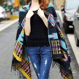 Fashion Women Winter Poncho Ethnic Printed oodie Cape Bohemia Acrylic Wool Shawl Scarf Ladies Sweater Fringe Hooded208H