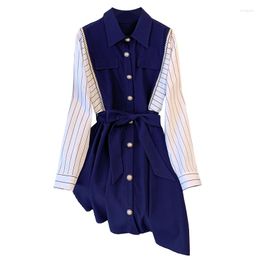 Casual Dresses Women Autumn Winter Knee-length Stripe Shirt Dress Lapel Long Sleeve Female Elegant Large Size Slim A Line Blue Vestidos