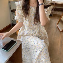 Women's Sleepwear Floral Print Summer Nightgown Cotton Korean Long Loose Short Sleeve Ruffles Sleep Dress O-Neck Home Suit Sweet