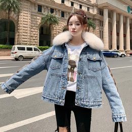 Women's Trench Coats Thick Denim Jacket Women Winter Autumn Fur Collar Jeans Coat Female Loose Outwear